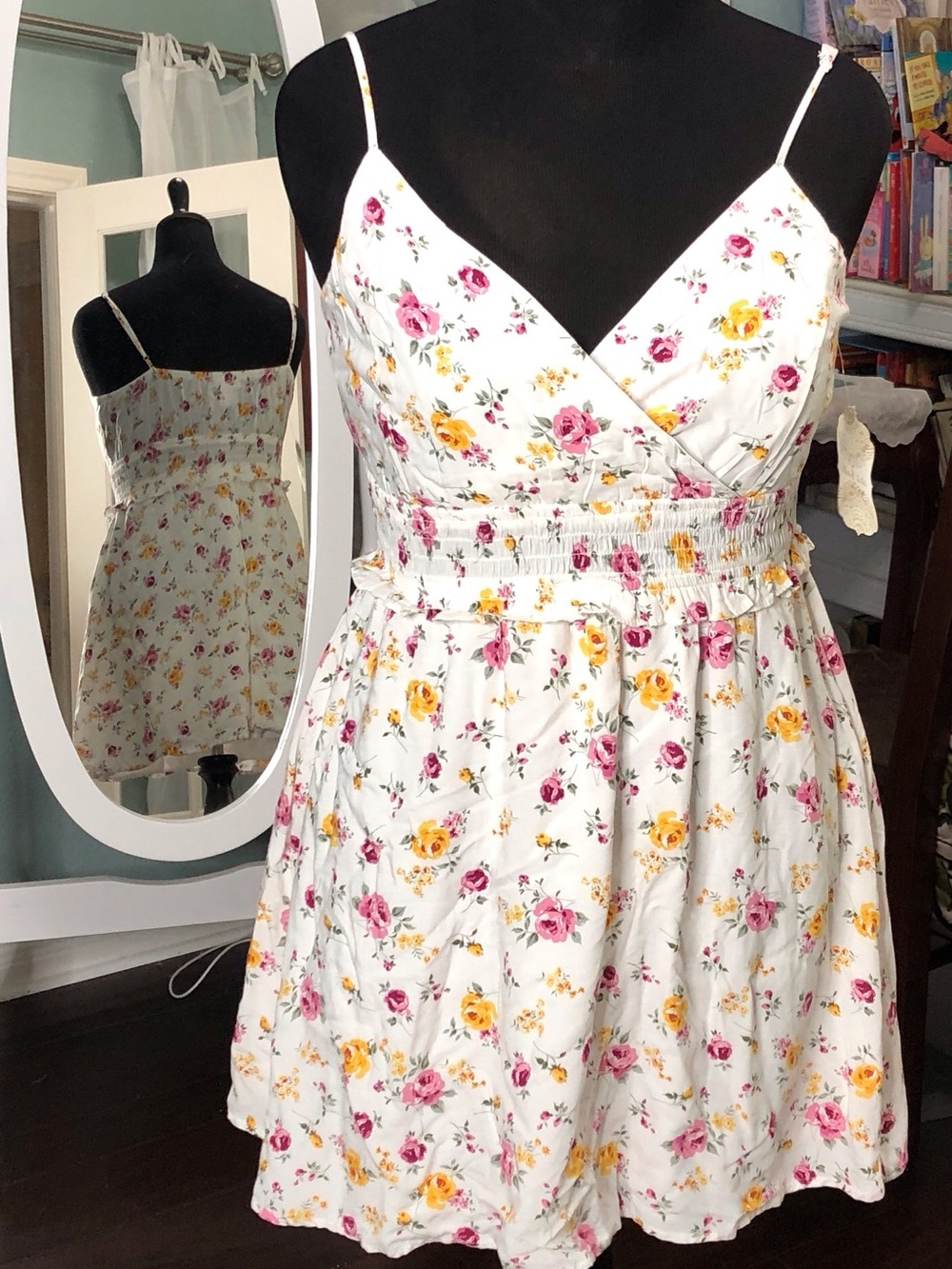 Altar'd State White Sundress with Pink & Yellow Rose Print